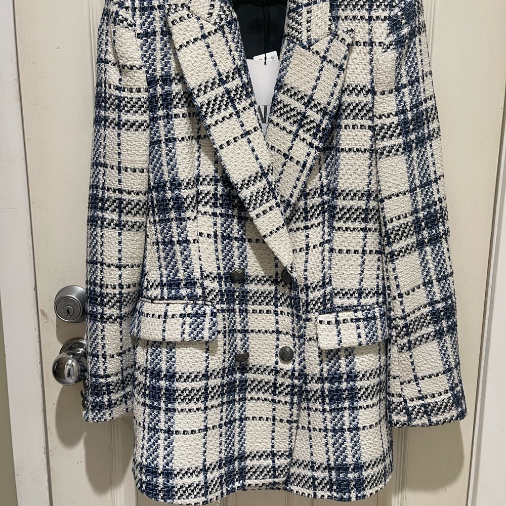 ZARA BLOGGER FAVE Blue & Cream Plaid Double Breasted Blazer Jacket NWT Size M